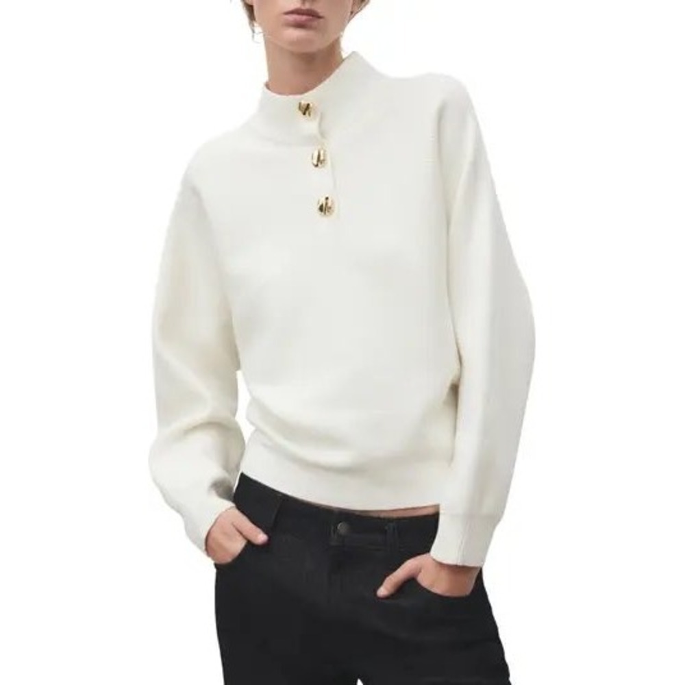Mango Jersey 210 Uptown Gold Button Mock Neck Ribbed Sweater Off-White‎ XS NEW
